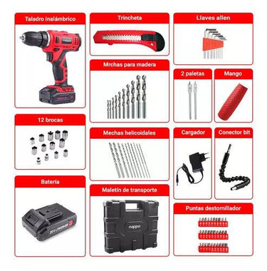 Taladro Nappo Inalámbrico Batería 12v + Accsesorios 74pzas + Maletín - Tienda Universo